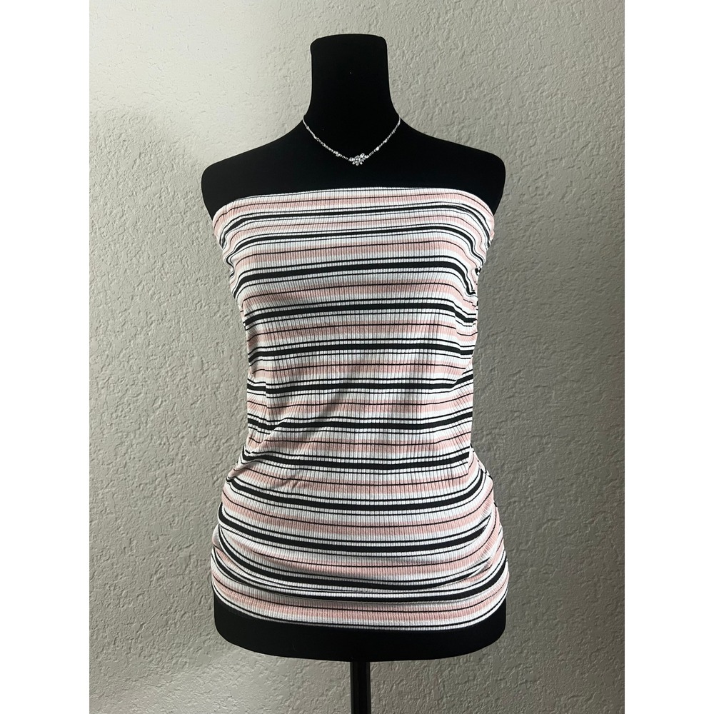 Womens Ribbed Knit Striped Tube Top Pink Black White Strapless Bodycon Shirt